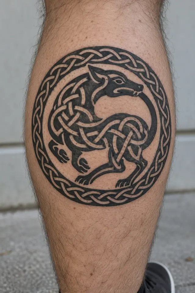 Blackwork Celtic animal tattoo on the calf