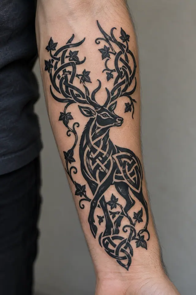 Blackwork Celtic animal tattoo on the forearm