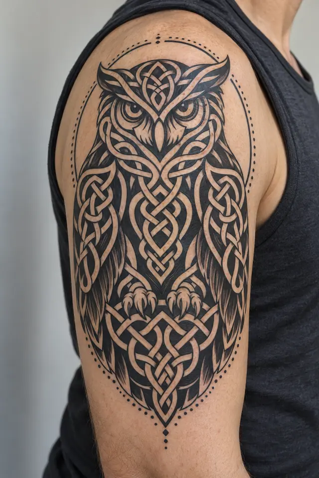Blackwork Celtic animal tattoo on the upper arm (half sleeve)