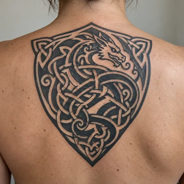 Blackwork Celtic animal tattoo on the upper back