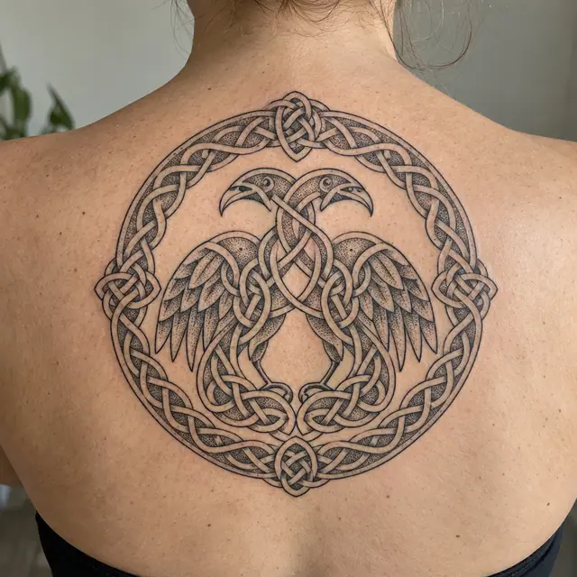 Dotwork Celtic animal tattoo on the upper back