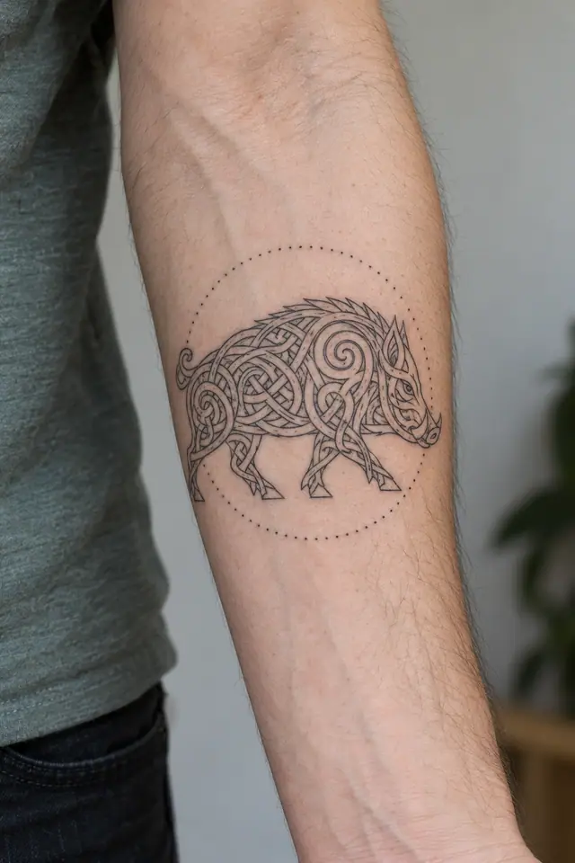 Fine-line Celtic animal tattoo on the forearm