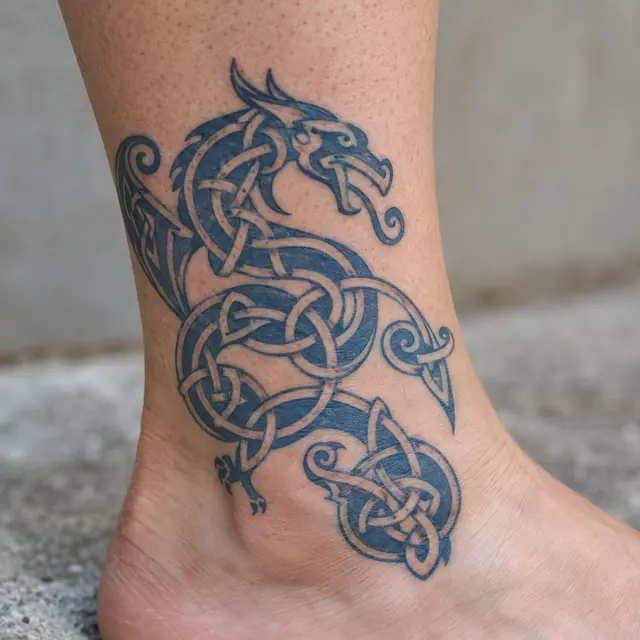 Woad blue Celtic animal tattoo on the ankle