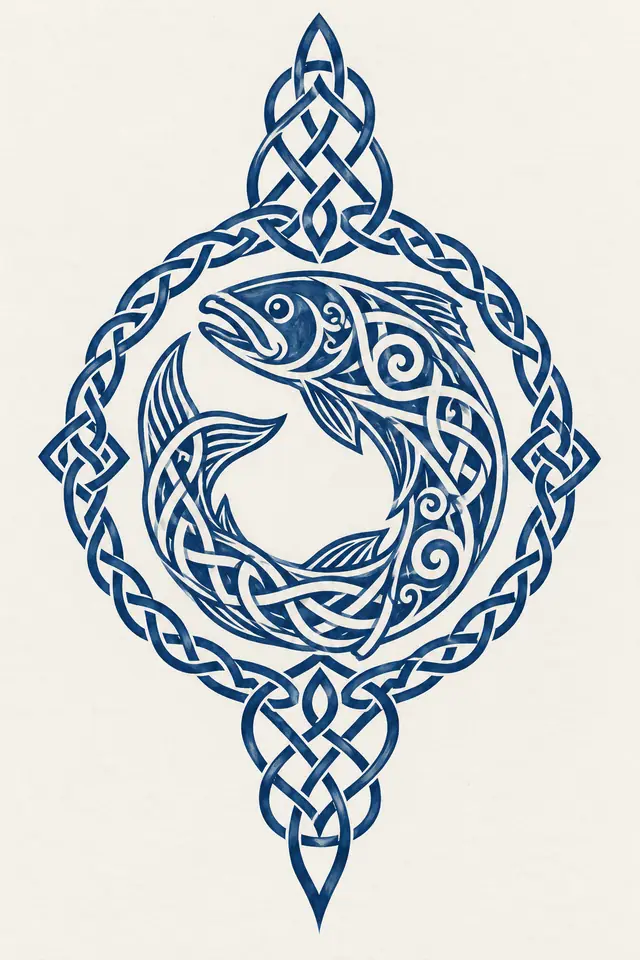 Woad blue Celtic animal tattoo design for the calf