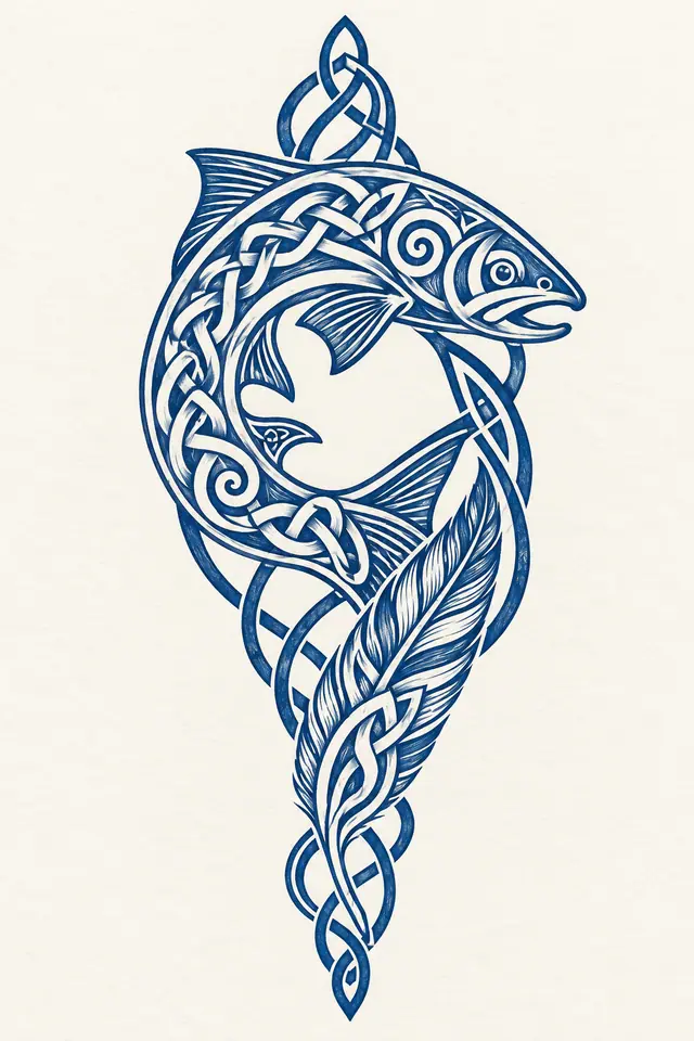 Woad blue Celtic animal tattoo design for the calf
