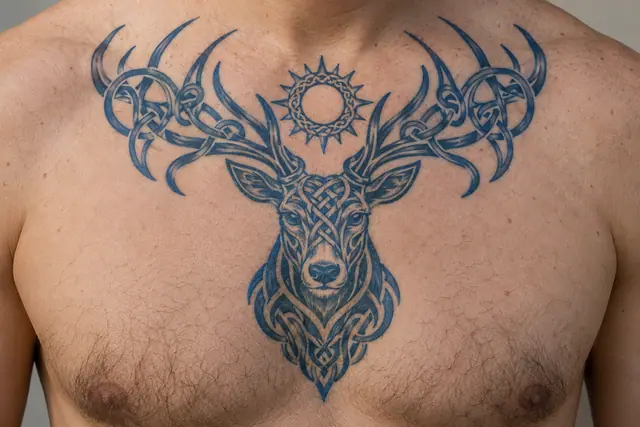 Woad blue Celtic animal tattoo on the chest