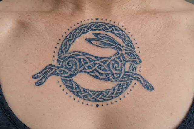 Woad blue Celtic animal tattoo on the chest