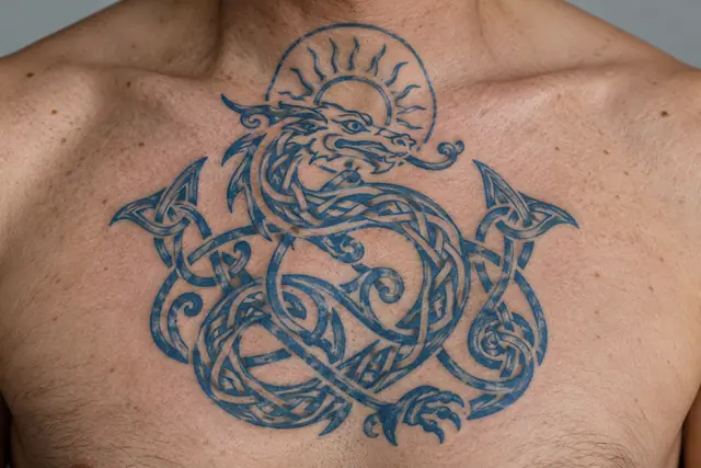 Woad blue Celtic animal tattoo on the chest