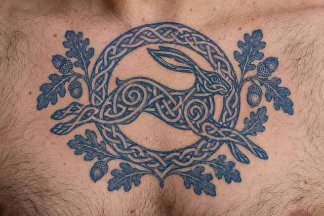 Woad blue Celtic animal tattoo on the chest
