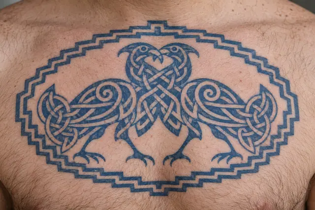 Woad blue Celtic animal tattoo on the chest