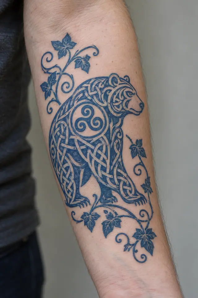 Woad blue Celtic animal tattoo on the forearm