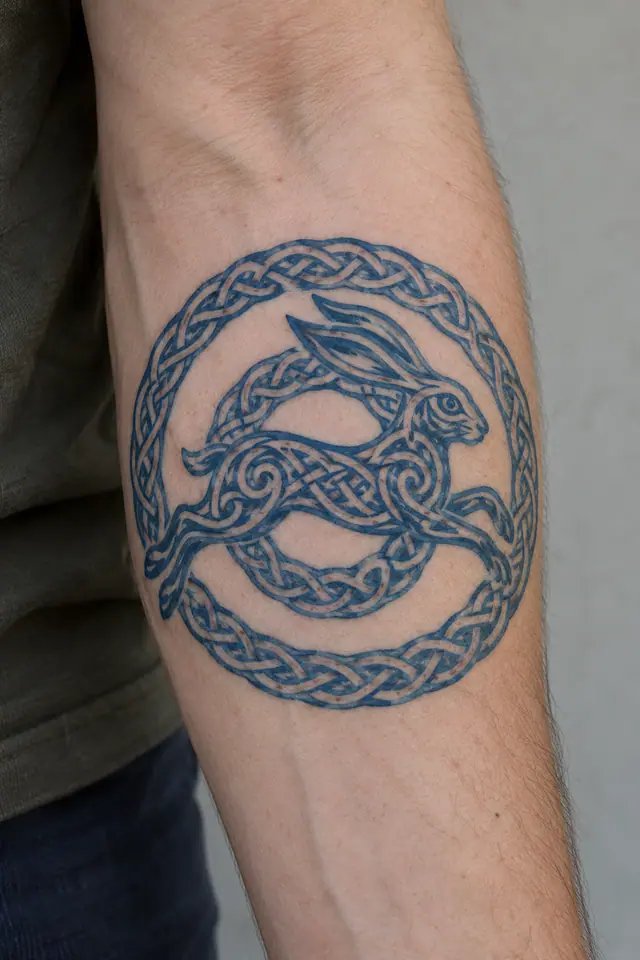 Woad blue Celtic animal tattoo on the forearm