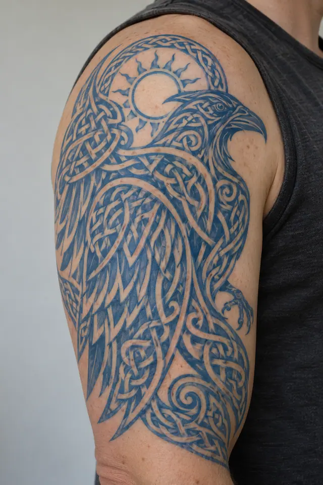 Woad blue Celtic animal tattoo on the upper arm (half sleeve)