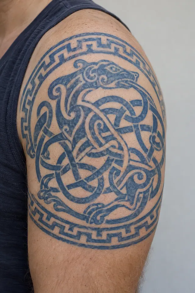 Woad blue Celtic animal tattoo on the upper arm (half sleeve)