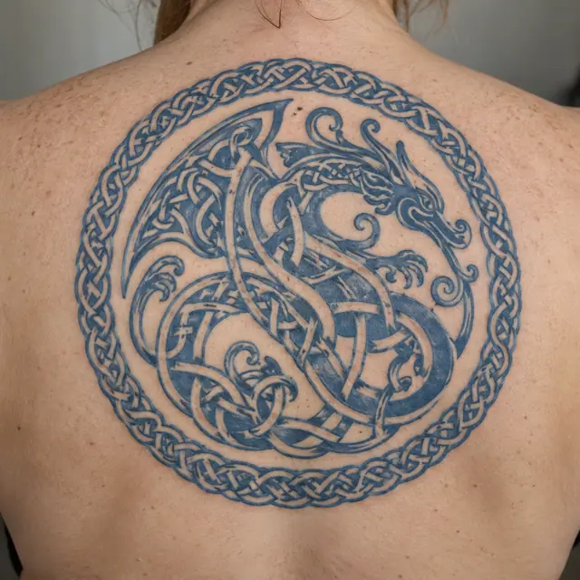Woad blue Celtic animal tattoo on the upper back