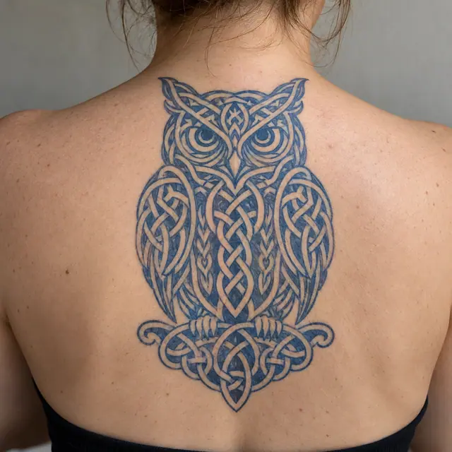 Woad blue Celtic animal tattoo on the upper back
