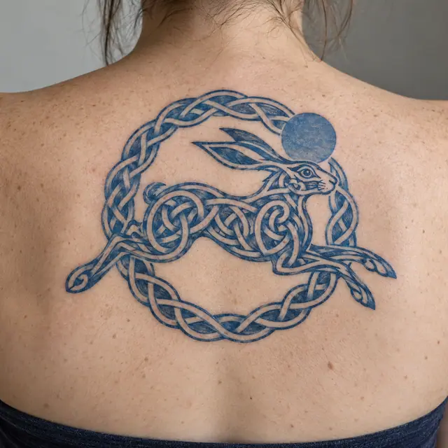 Woad blue Celtic animal tattoo on the upper back