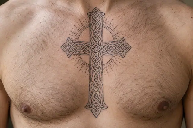 Fine-line Celtic cross tattoo on the chest