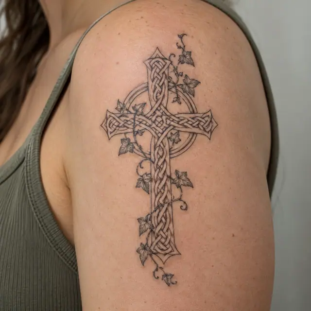 Fine-line Celtic cross tattoo on the shoulder