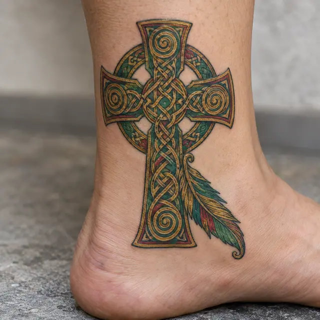 Color illuminated Celtic cross tattoo on the ankle
