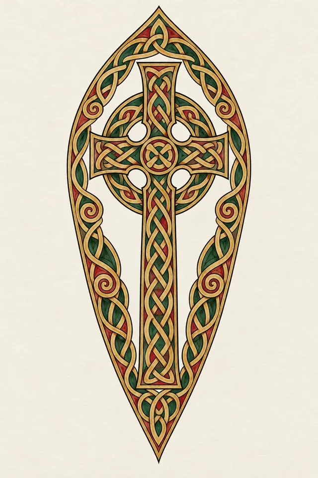 Color illuminated Celtic cross tattoo design for the calf