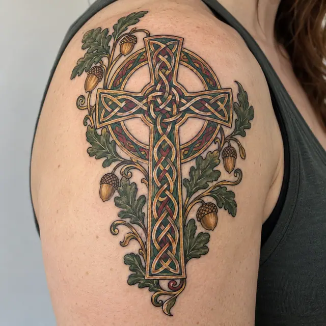 Color illuminated Celtic cross tattoo on the shoulder