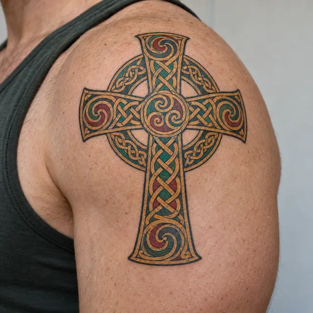 Color illuminated Celtic cross tattoo on the shoulder