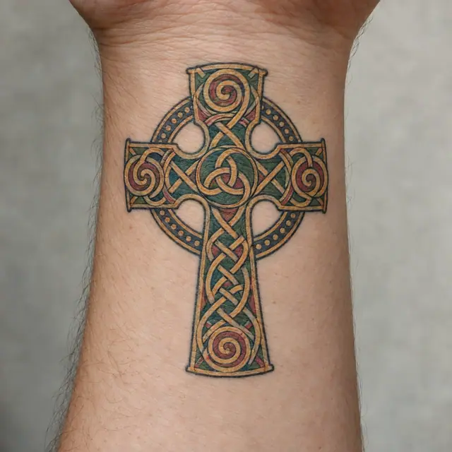 Color illuminated Celtic cross tattoo on the wrist
