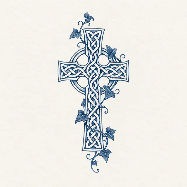 Woad blue Celtic cross tattoo design for the ankle