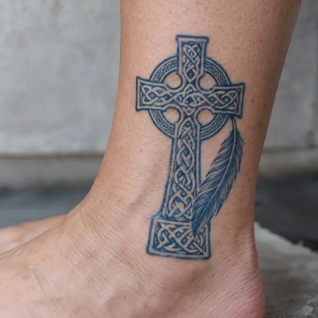 Woad blue Celtic cross tattoo on the ankle