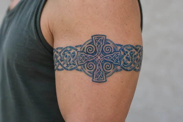 Woad blue Celtic cross tattoo on the arm (armband)