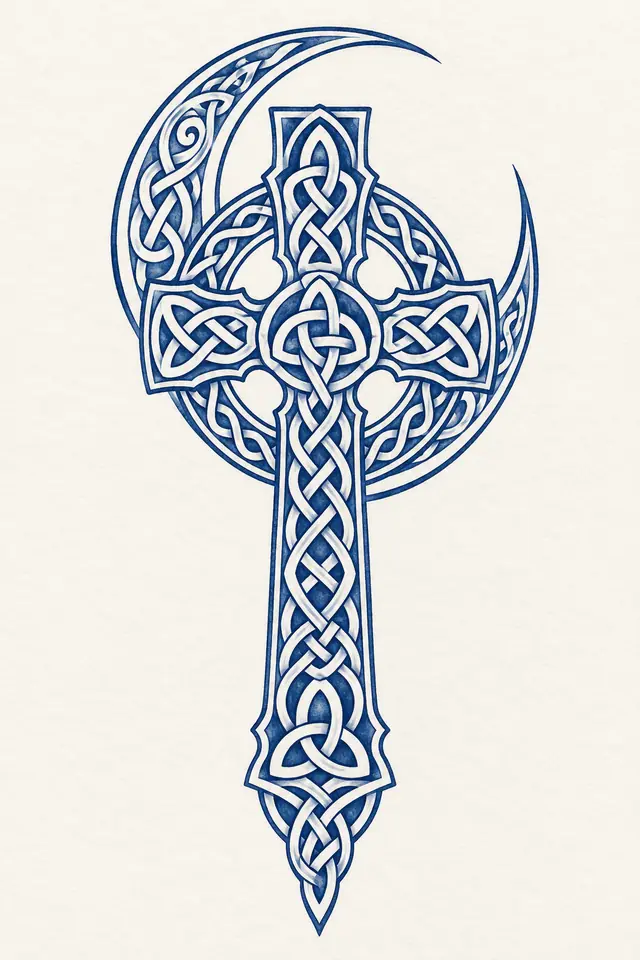 Woad blue Celtic cross tattoo design for the calf