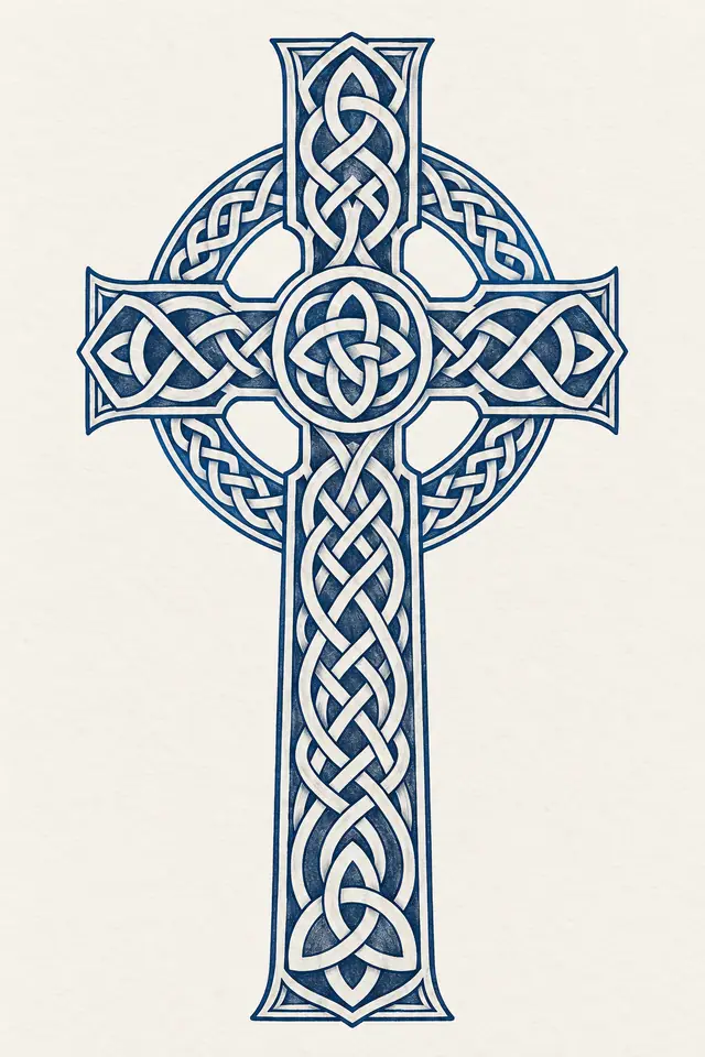 Woad blue Celtic cross tattoo design for the calf