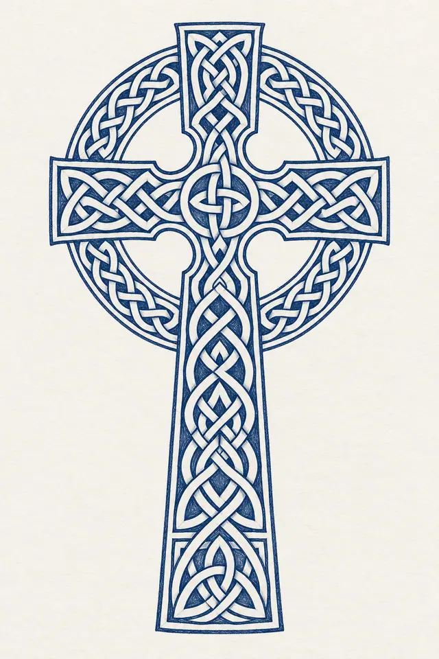 Woad blue Celtic cross tattoo design for the calf