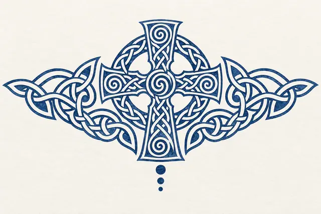 Woad blue Celtic cross tattoo design for the chest