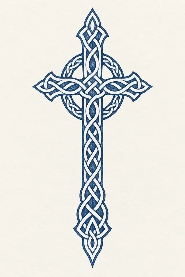 Woad blue Celtic cross tattoo design for the forearm