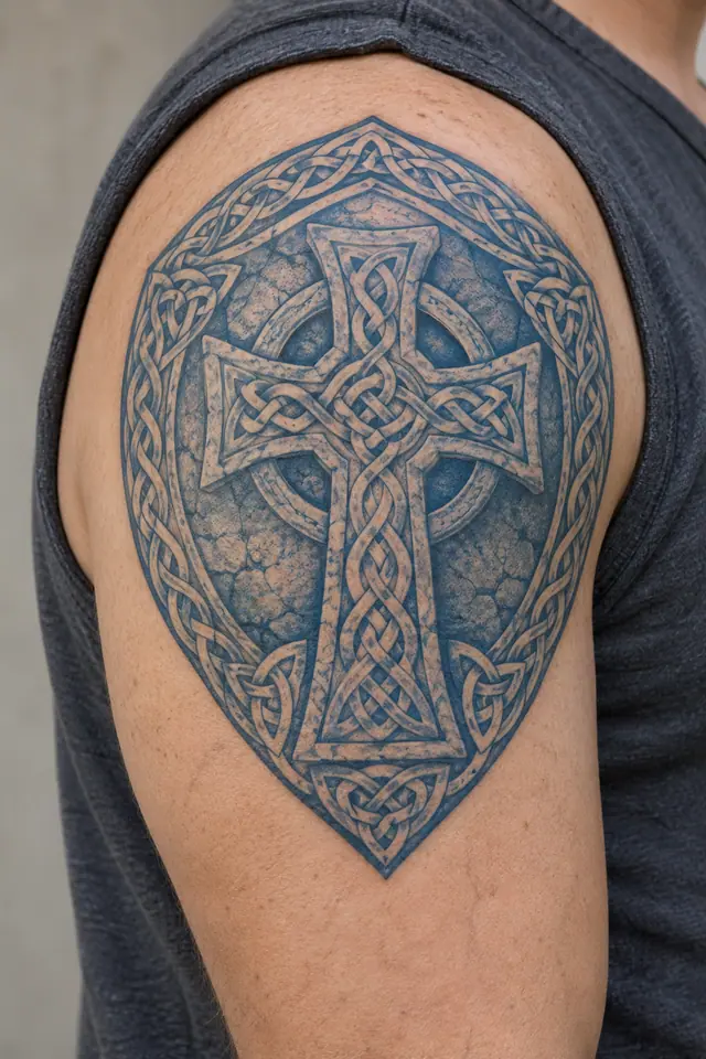 Woad blue Celtic cross tattoo on the upper arm (half sleeve)
