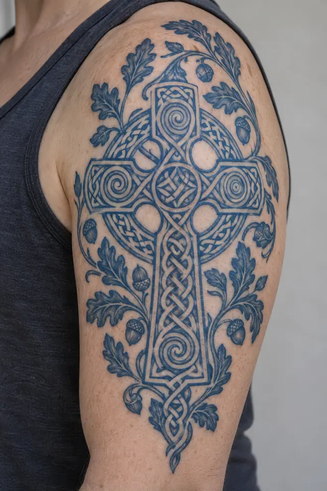 Woad blue Celtic cross tattoo on the upper arm (half sleeve)