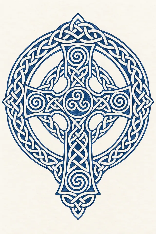 Woad blue Celtic cross tattoo design for the upper arm (half sleeve)