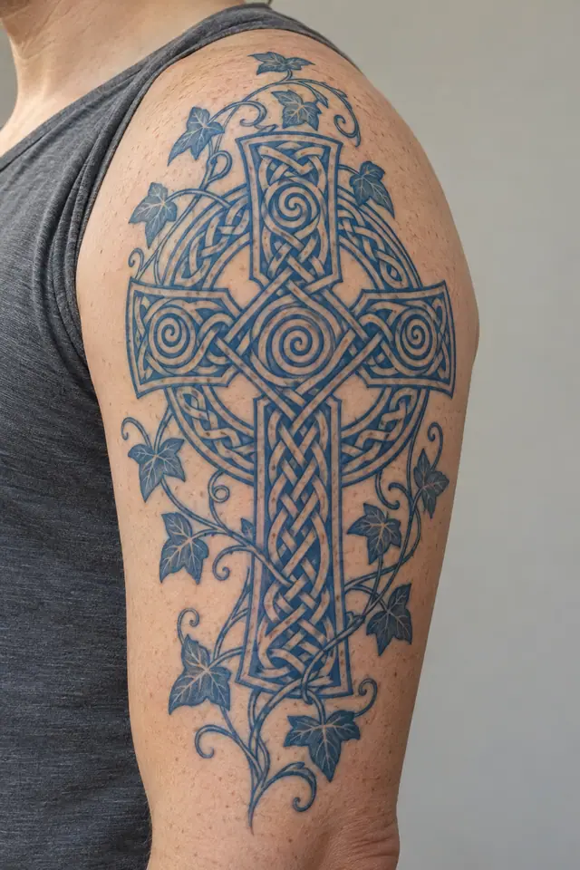 Woad blue Celtic cross tattoo on the upper arm (half sleeve)