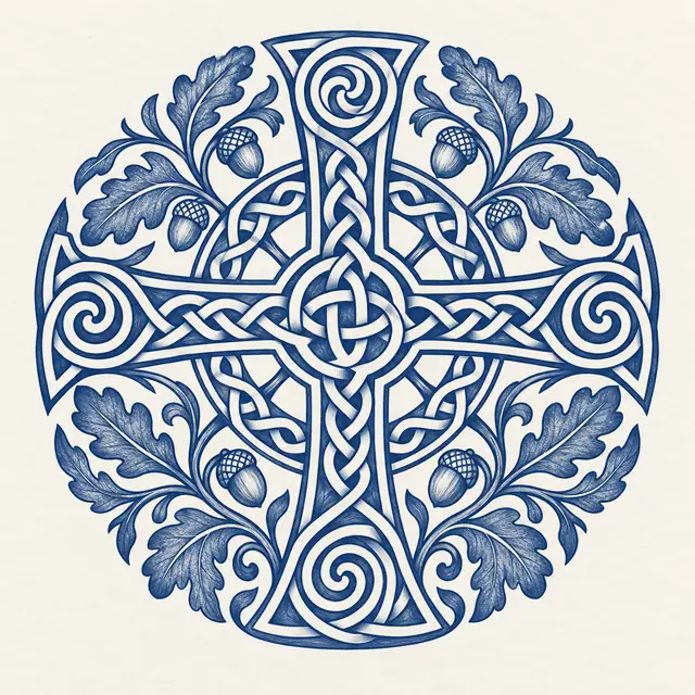 Woad blue Celtic cross tattoo design for the shoulder