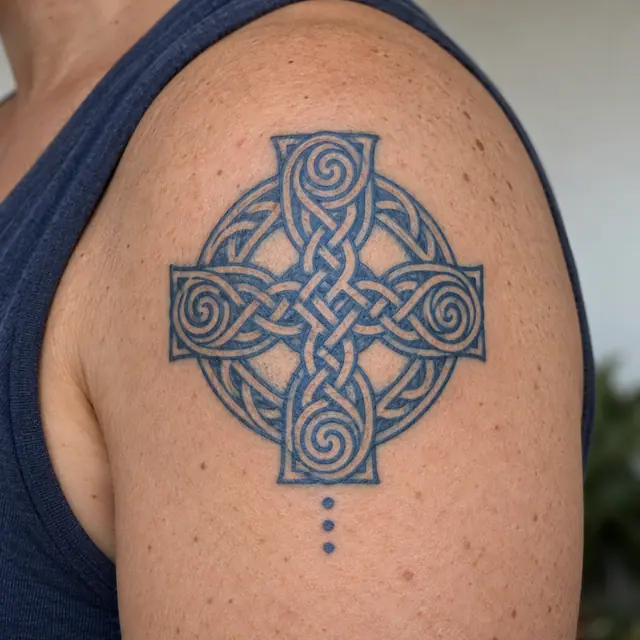 Woad blue Celtic cross tattoo on the shoulder