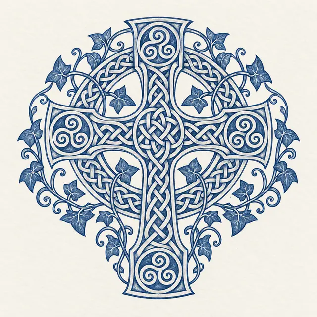 Woad blue Celtic cross tattoo design for the shoulder
