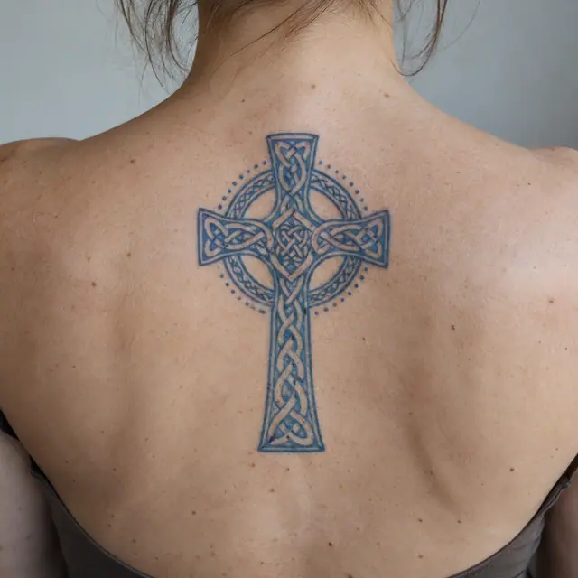 Woad blue Celtic cross tattoo on the upper back