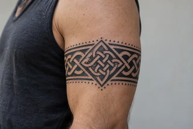 Blackwork Celtic knot tattoo on the arm (armband)