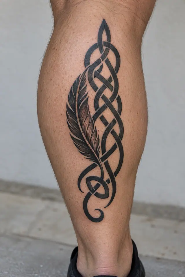 Blackwork Celtic knot tattoo on the calf