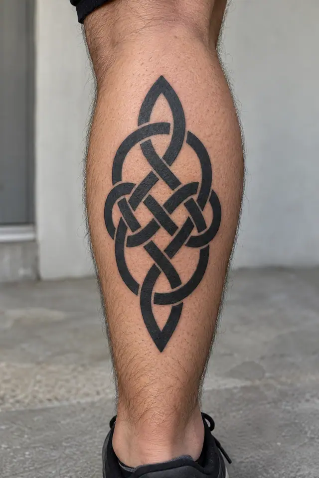 Blackwork Celtic knot tattoo on the calf