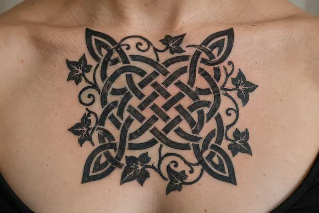 Blackwork Celtic knot tattoo on the chest