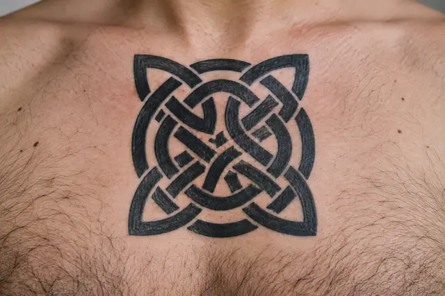 Blackwork Celtic knot tattoo on the chest