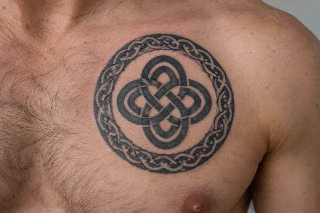 Blackwork Celtic knot tattoo on the chest